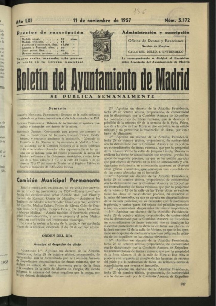 Miniatura de Boletín oficial del Ayuntamiento del 11 de noviembre de 1957, nº 3172