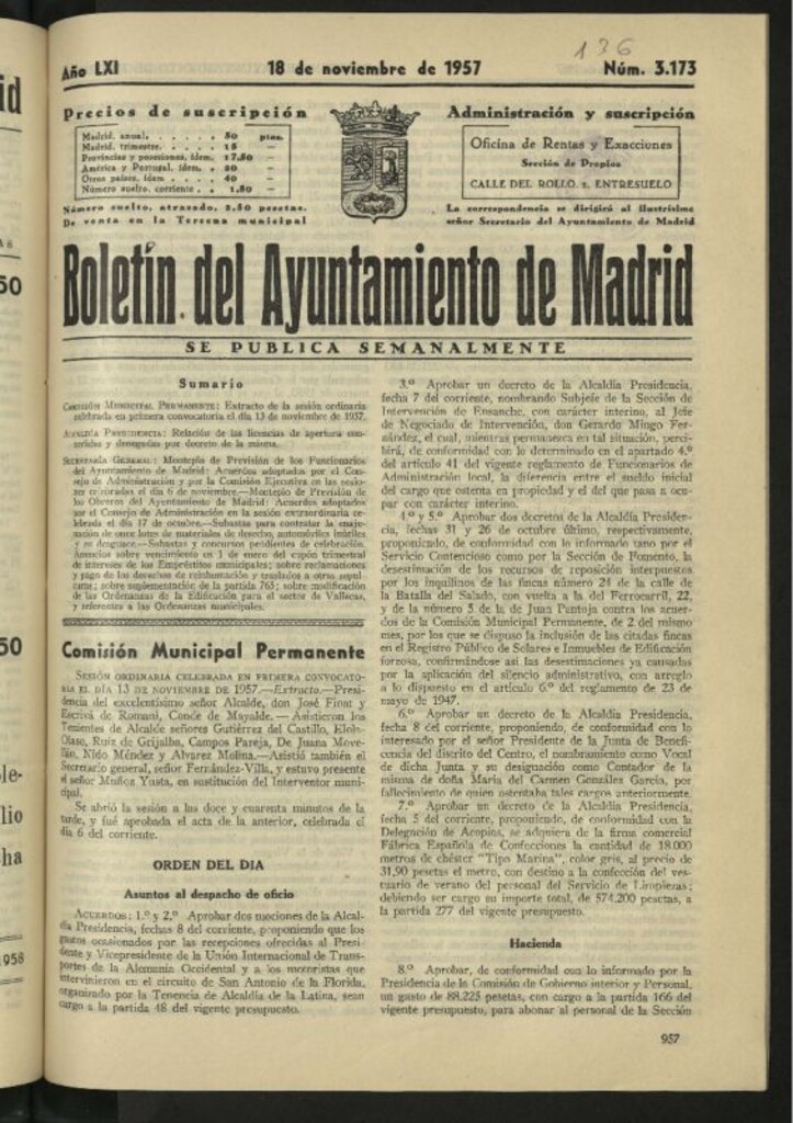 Miniatura de Boletín oficial del Ayuntamiento del 18 de noviembre de 1957, nº 3173