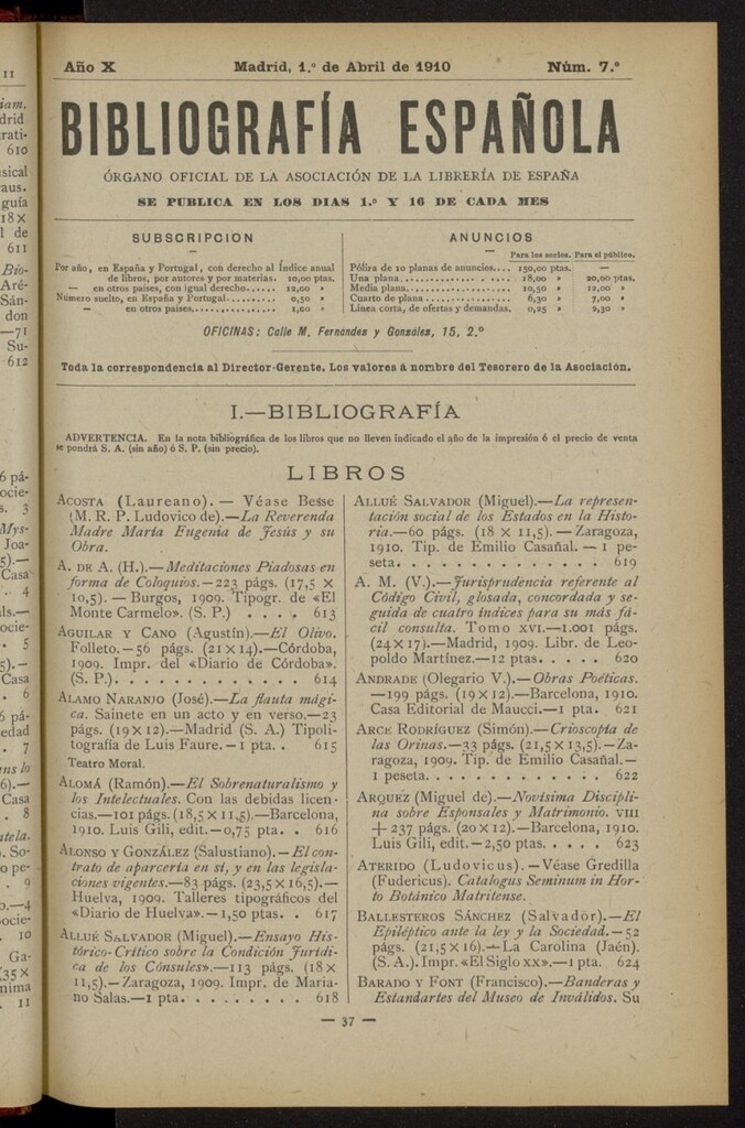 Miniatura de Bibliografía Española del 1 de abril de 1910
