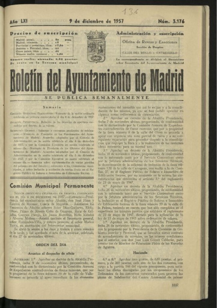 Miniatura de Boletín oficial del Ayuntamiento del 9 de diciembre de 1957, nº 3176