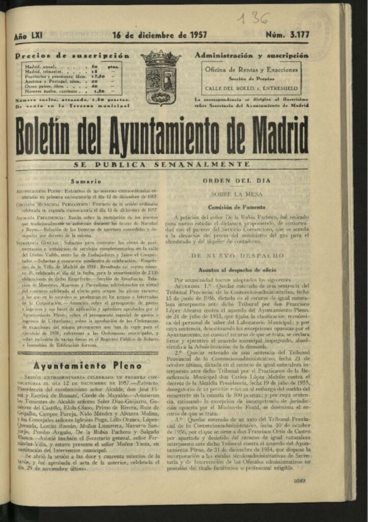 Miniatura de Boletín oficial del Ayuntamiento del 16 de diciembre de 1957, nº 3177