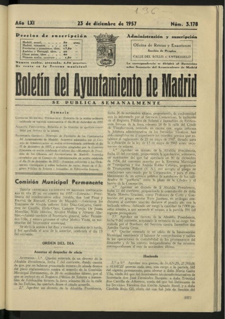 Miniatura de Boletín oficial del Ayuntamiento del 23 de diciembre de 1957, nº 3178