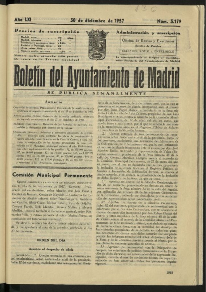 Miniatura de Boletín oficial del Ayuntamiento del 30 de diciembre de 1957, nº 3179