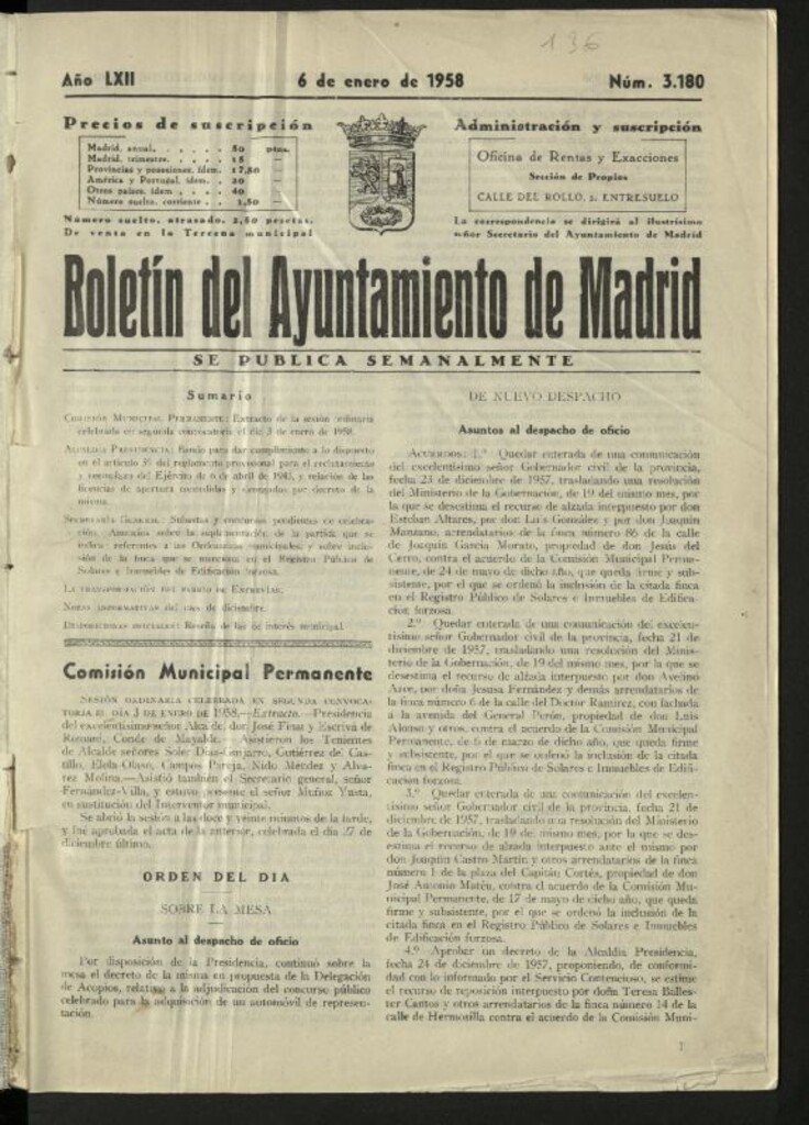 Miniatura de Boletín oficial del Ayuntamiento del 6 de enero de 1958, nº 3180