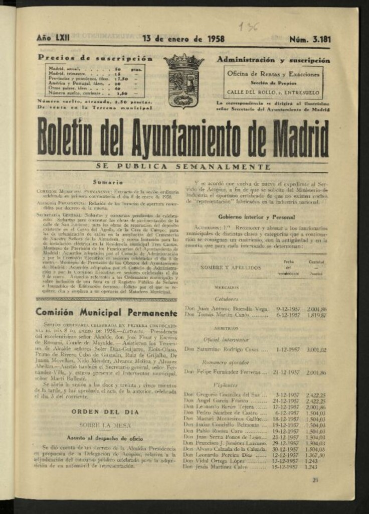 Miniatura de Boletín oficial del Ayuntamiento del 13 de enero de 1958, nº 3181