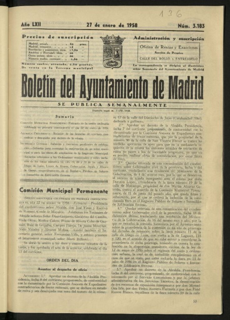 Miniatura de Boletín oficial del Ayuntamiento del 27 de enero de 1958, nº 3183