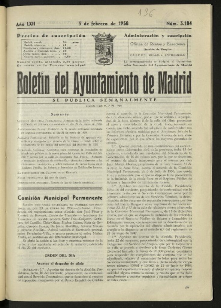 Miniatura de Boletín oficial del Ayuntamiento del 3 de febrero de 1958, nº 3184