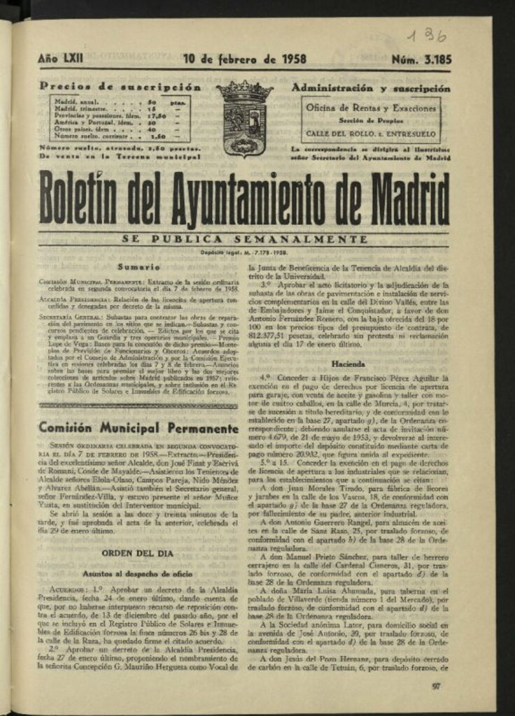 Miniatura de Boletín oficial del Ayuntamiento del 10 de febrero de 1958, nº 3185