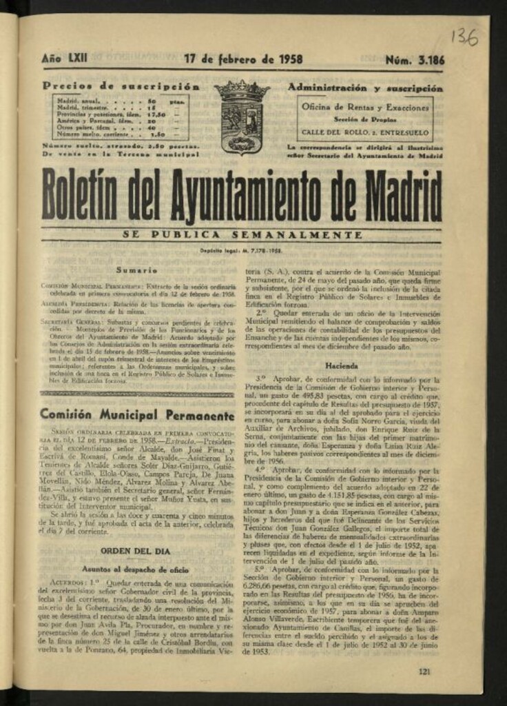Miniatura de Boletín oficial del Ayuntamiento del 17 de febrero de 1958, nº 3186