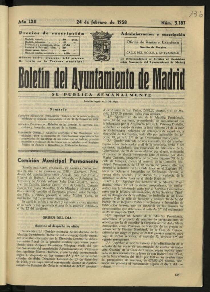 Miniatura de Boletín oficial del Ayuntamiento del 24 de febrero de 1958, nº 3187