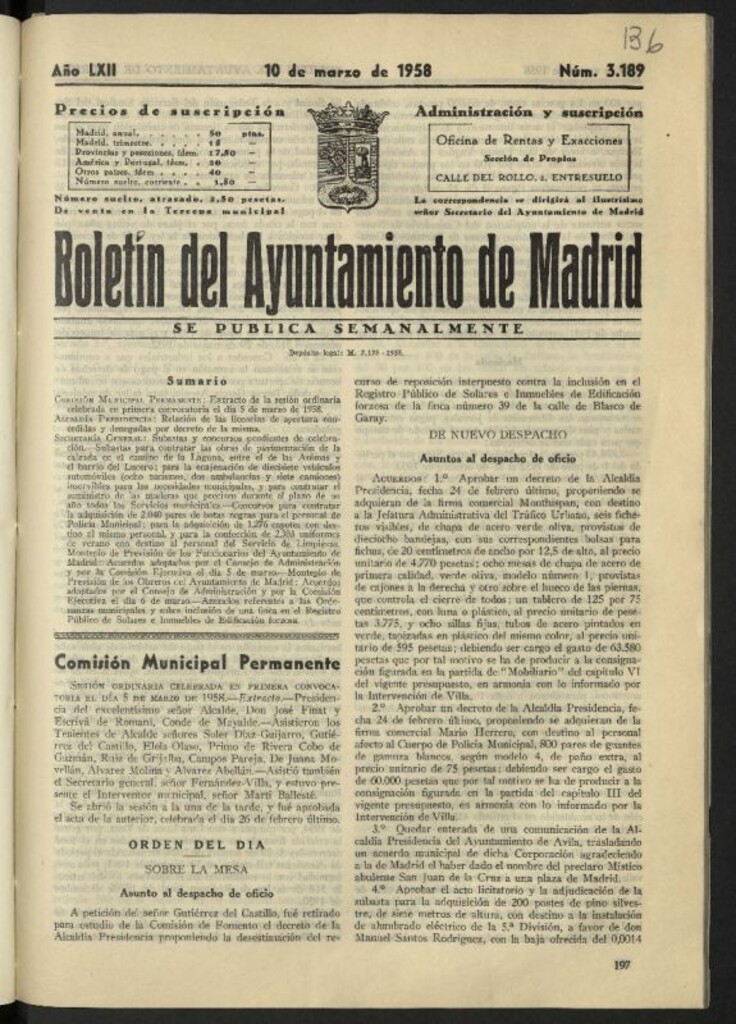 Miniatura de Boletín oficial del Ayuntamiento del 10 de marzo de 1958, nº 3189
