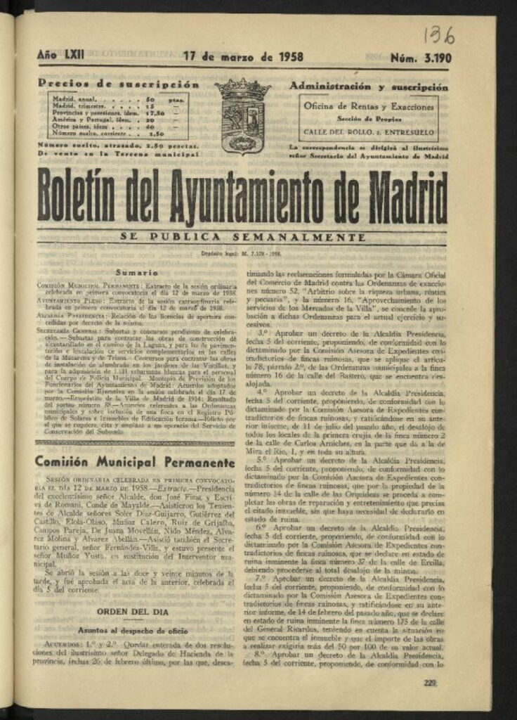 Miniatura de Boletín oficial del Ayuntamiento del 17 de marzo de 1958, nº 3190