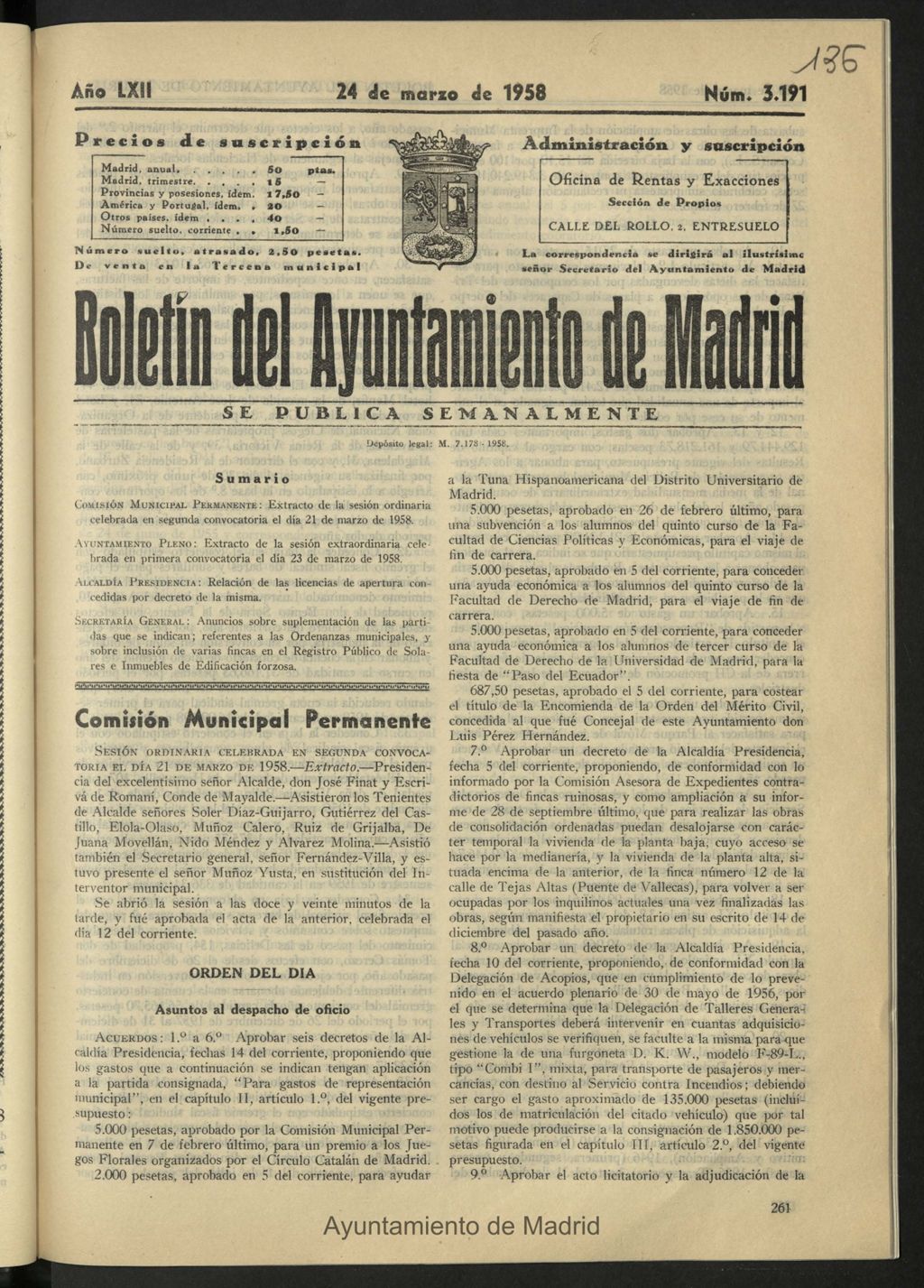 Miniatura de Boletín oficial del Ayuntamiento del 24 de marzo de 1958, nº 3191