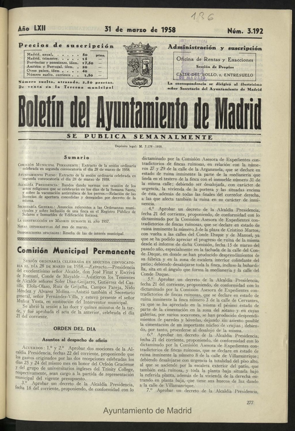 Miniatura de Boletín oficial del Ayuntamiento del 31 de marzo de 1958, nº 3192