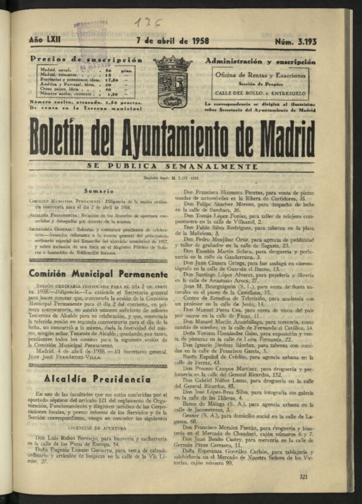Miniatura de Boletín oficial del Ayuntamiento del 7 de abril de 1958, nº 3193