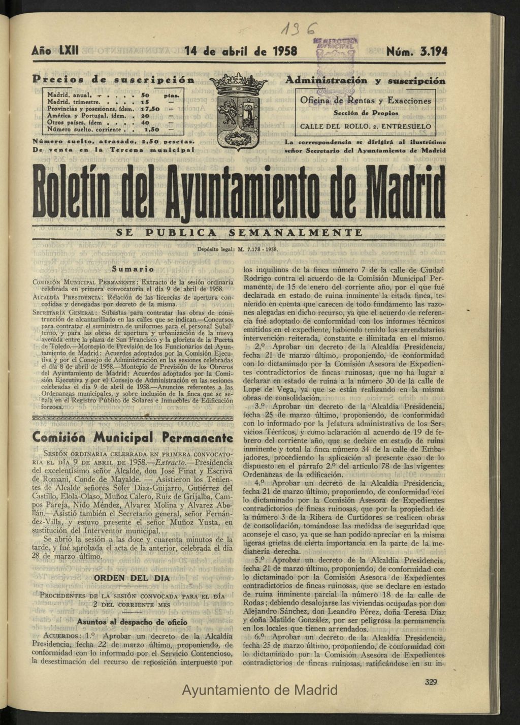Miniatura de Boletín oficial del Ayuntamiento del 14 de abril de 1958, nº 3194