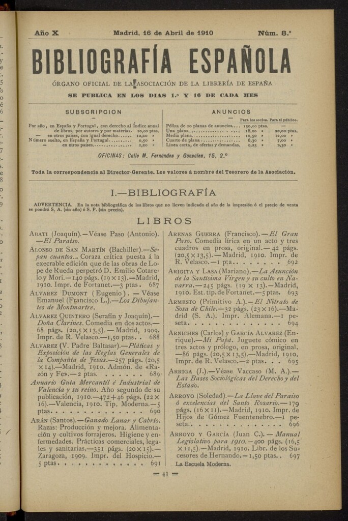 Miniatura de Bibliografía Española del 16 de abril de 1910