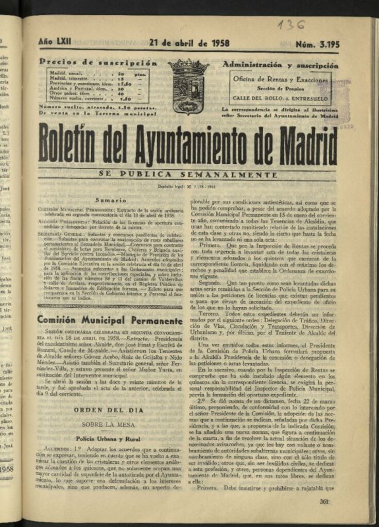 Miniatura de Boletín oficial del Ayuntamiento del 21 de abril de 1958, nº 3195