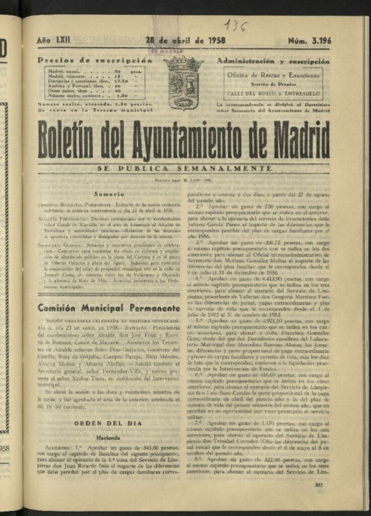 Miniatura de Boletín oficial del Ayuntamiento del 28 de abril de 1958, nº 3196