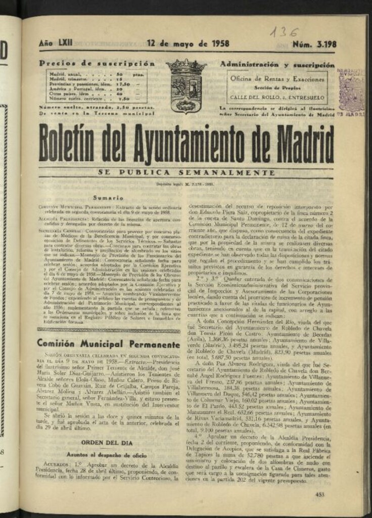 Miniatura de Boletín oficial del Ayuntamiento del 12 de mayo de 1958, nº 3198