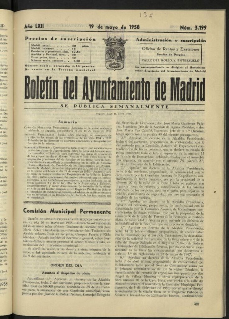 Miniatura de Boletín oficial del Ayuntamiento del 19 de mayo de 1958, nº 3199