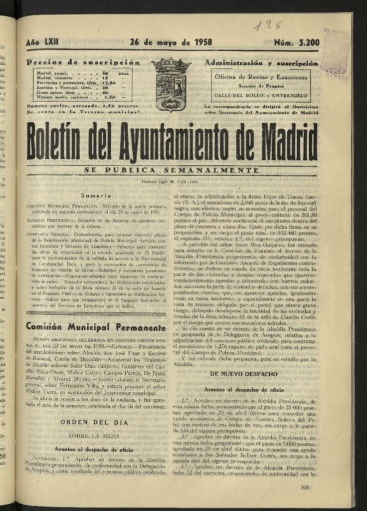 Miniatura de Boletín oficial del Ayuntamiento del 26 de mayo de 1958, nº 3200