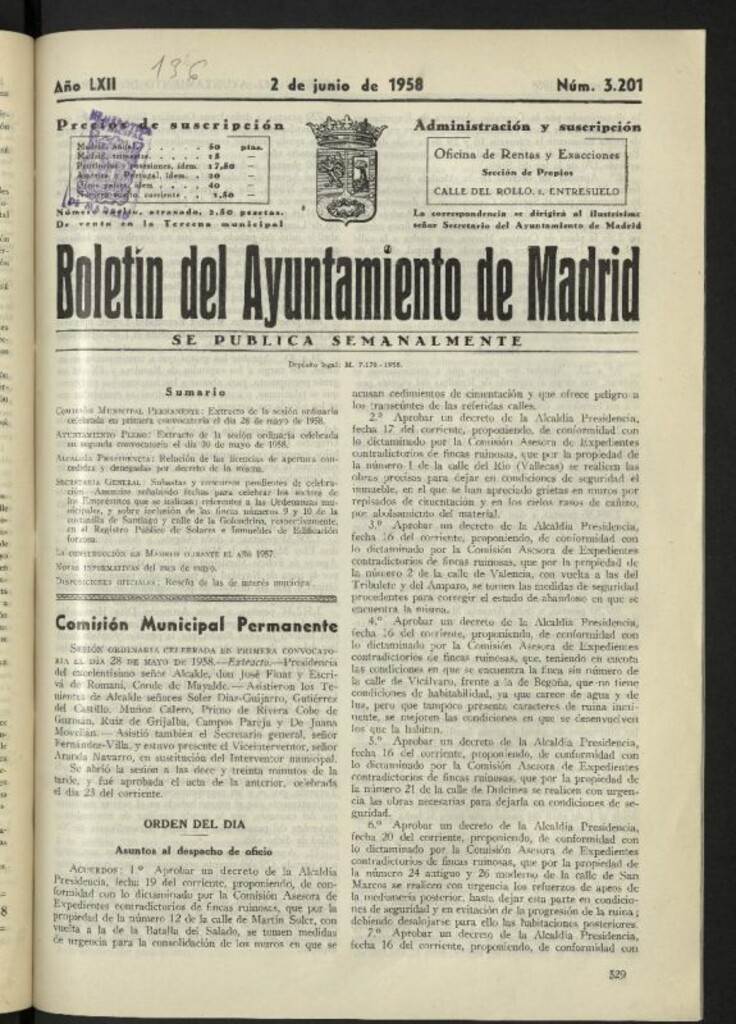 Miniatura de Boletín oficial del Ayuntamiento del 2 de junio de 1958, nº 3201