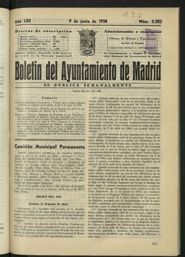 Miniatura de Boletín oficial del Ayuntamiento del 9 de junio de 1958, nº 3202