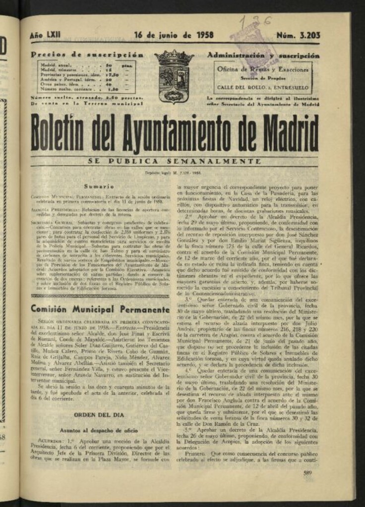 Miniatura de Boletín oficial del Ayuntamiento del 16 de junio de 1958, nº 3203