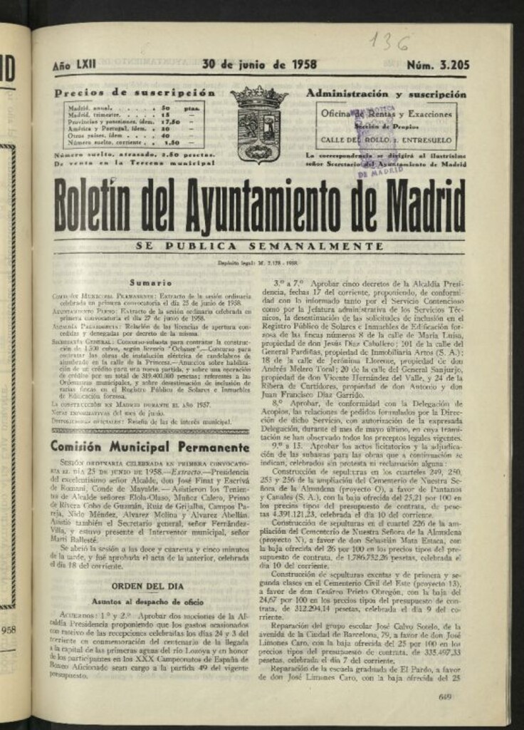 Miniatura de Boletín oficial del Ayuntamiento del 30 de junio de 1958, nº 3205