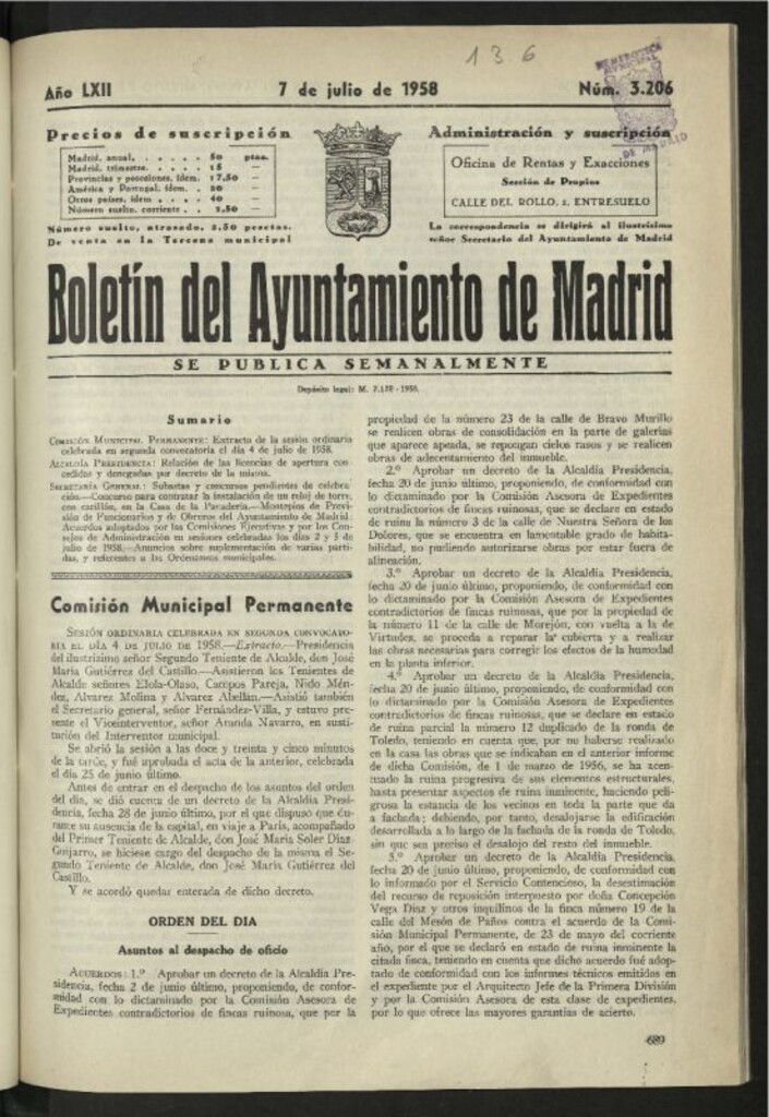 Miniatura de Boletín oficial del Ayuntamiento del 7 de julio de 1958, nº 3206