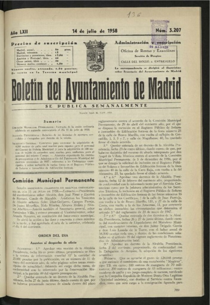 Miniatura de Boletín oficial del Ayuntamiento del 14 de julio de 1958, nº 3207
