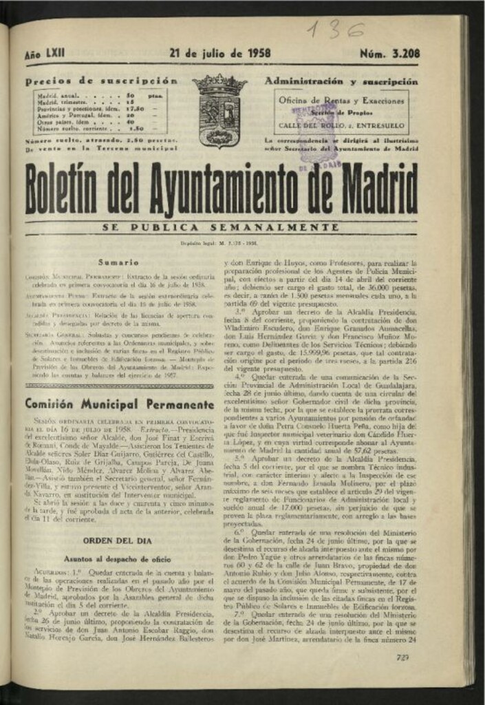 Miniatura de Boletín oficial del Ayuntamiento del 21 de julio de 1958, nº 3208