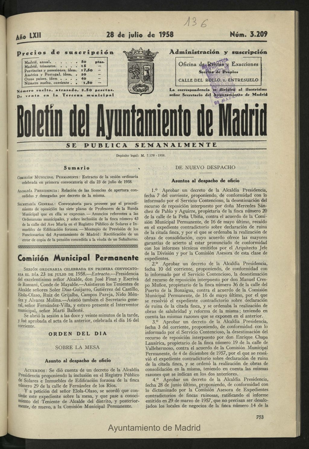 Miniatura de Boletín oficial del Ayuntamiento del 28 de julio de 1958, nº 3209