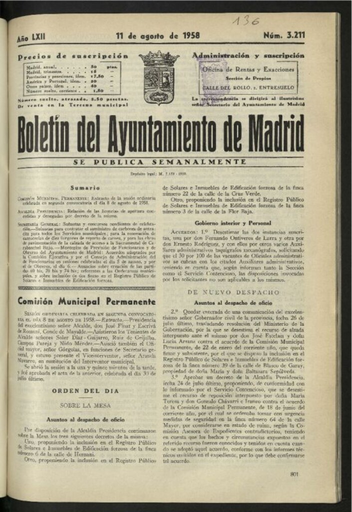 Miniatura de Boletín oficial del Ayuntamiento del 11 de agosto de 1958, nº 3211