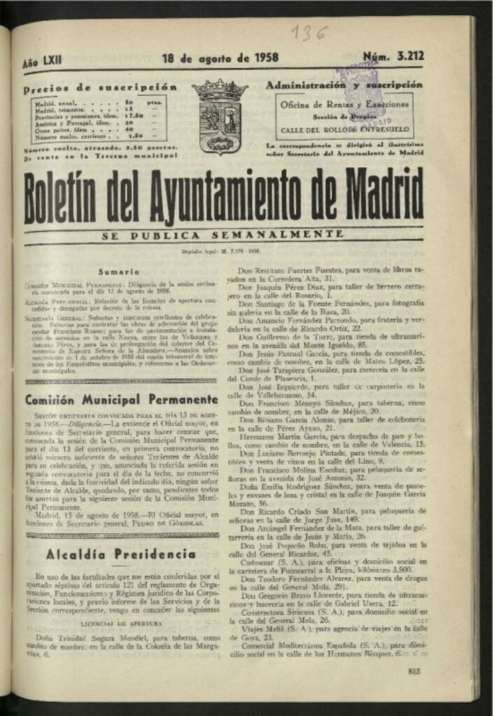 Miniatura de Boletín oficial del Ayuntamiento del 18 de agosto de 1958, nº 3212