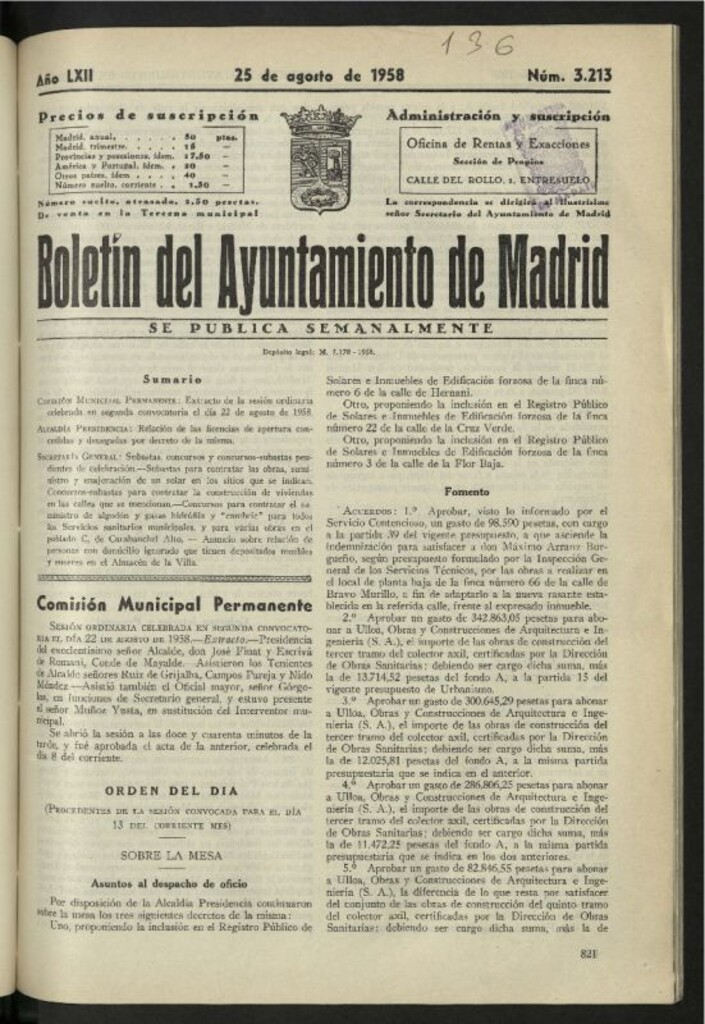 Miniatura de Boletín oficial del Ayuntamiento del 25 de agosto de 1958, nº 3213