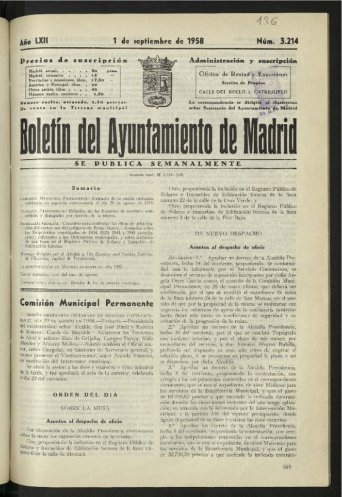 Miniatura de Boletín oficial del Ayuntamiento del 1 de septiembre de 1958, nº 3214