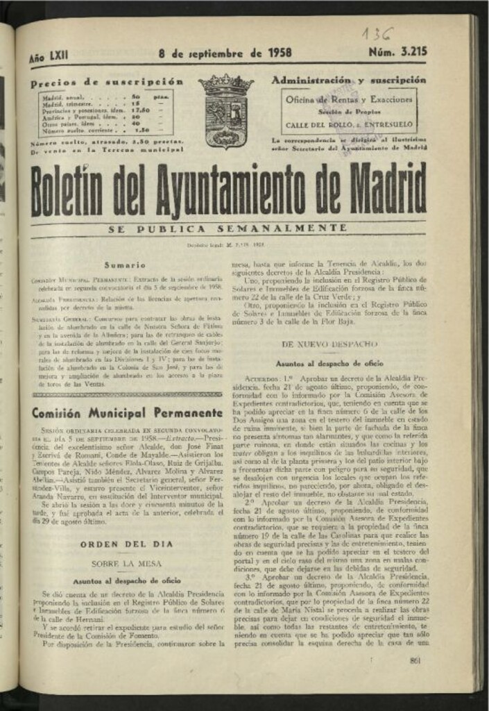 Miniatura de Boletín oficial del Ayuntamiento del 8 de septiembre de 1958, nº 3215
