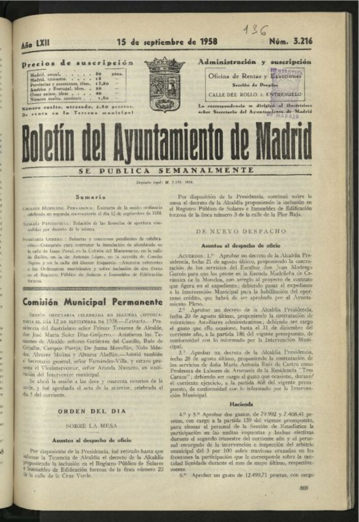 Miniatura de Boletín oficial del Ayuntamiento del 15 de septiembre de 1958, nº 3216