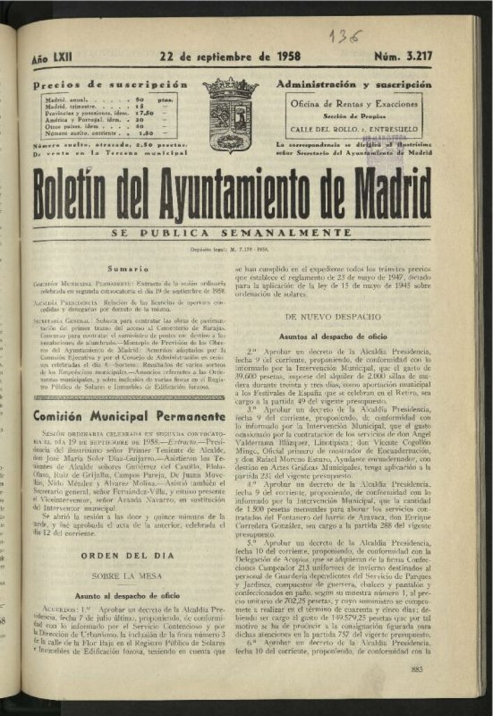 Miniatura de Boletín oficial del Ayuntamiento del 22 de septiembre de 1958, nº 3217