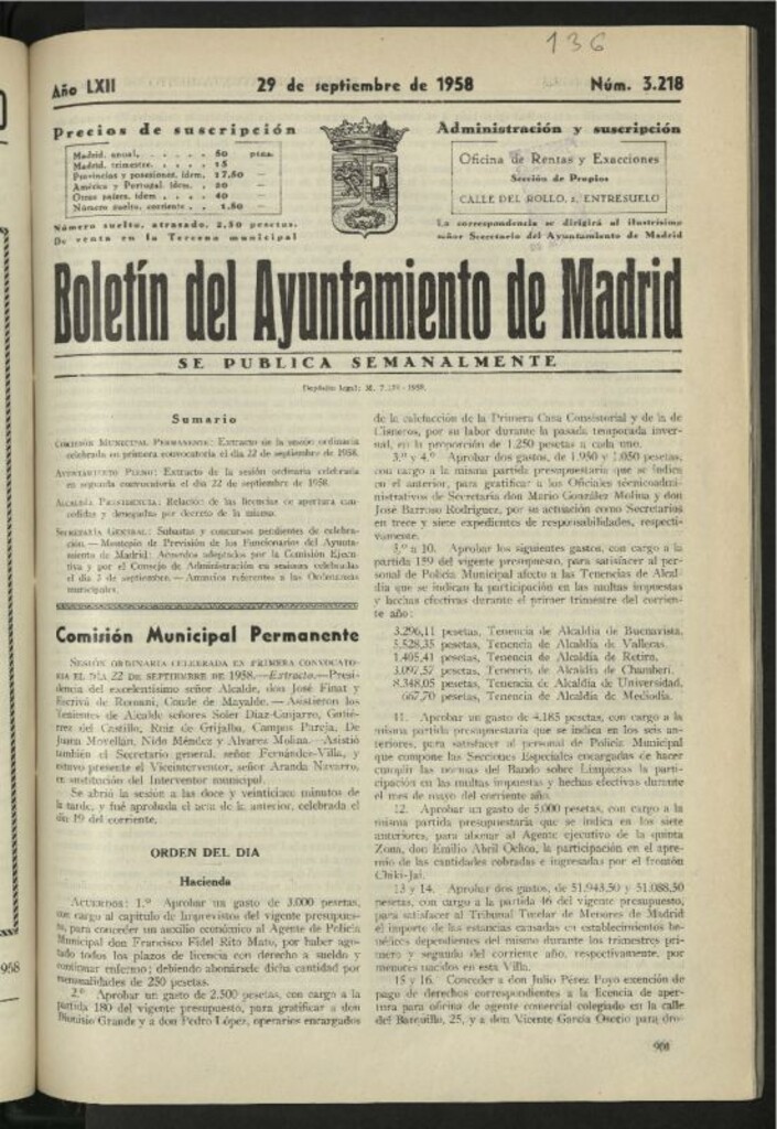 Miniatura de Boletín oficial del Ayuntamiento del 29 de septiembre de 1958, nº 3218
