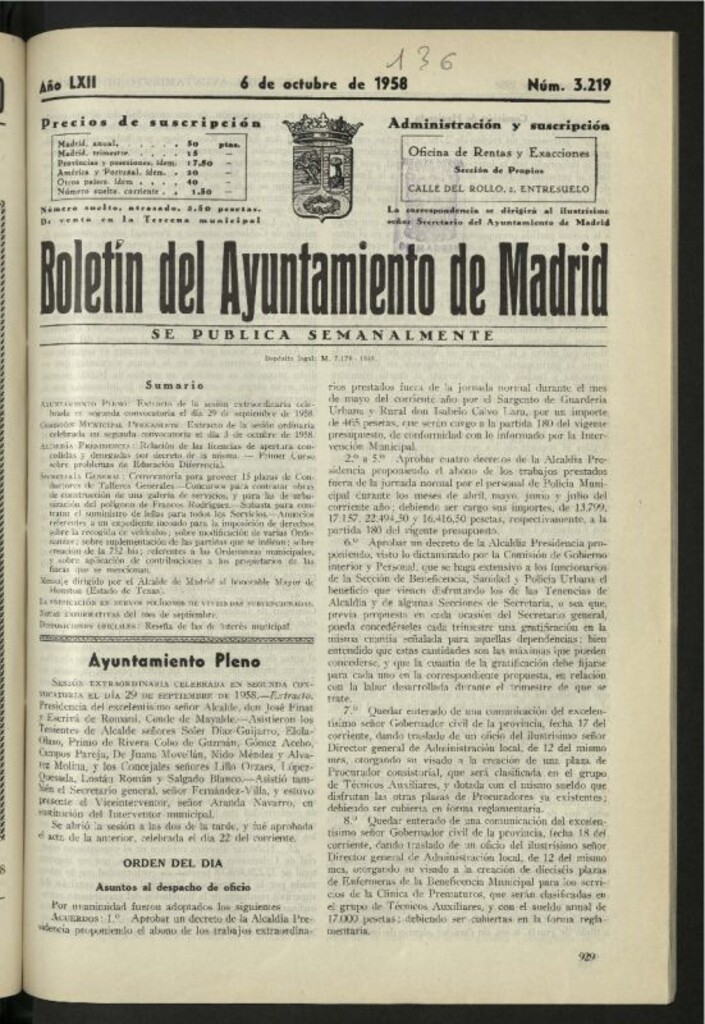 Miniatura de Boletín oficial del Ayuntamiento del 6 de octubre de 1958, nº 3219