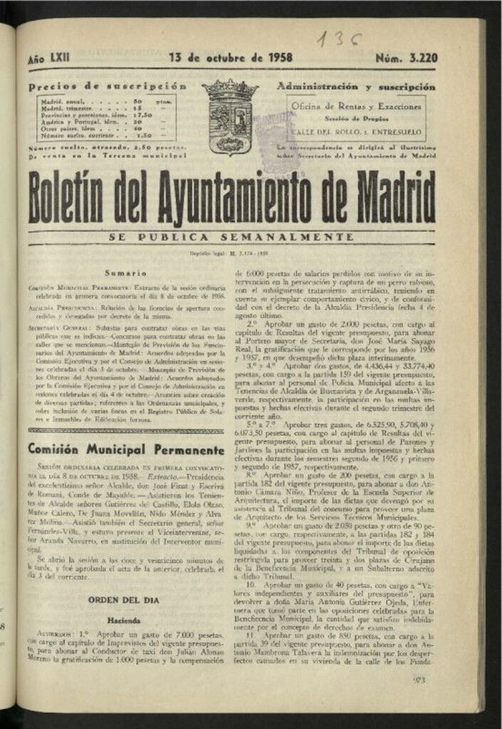 Miniatura de Boletín oficial del Ayuntamiento del 13 de octubre de 1958, nº 3220