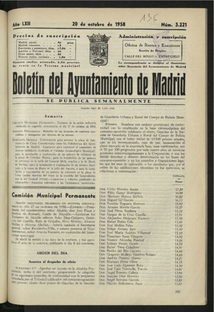 Miniatura de Boletín oficial del Ayuntamiento del 20 de octubre de 1958, nº 3221