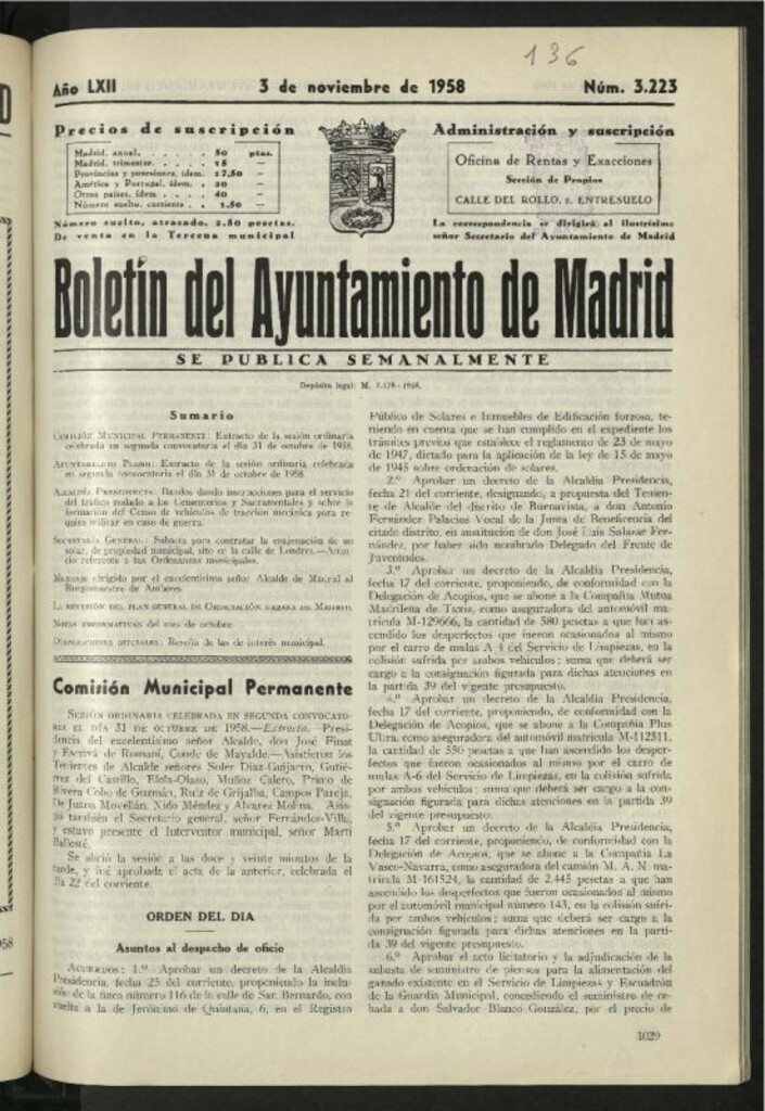 Miniatura de Boletín oficial del Ayuntamiento del 3 de noviembre de 1958, nº 3223