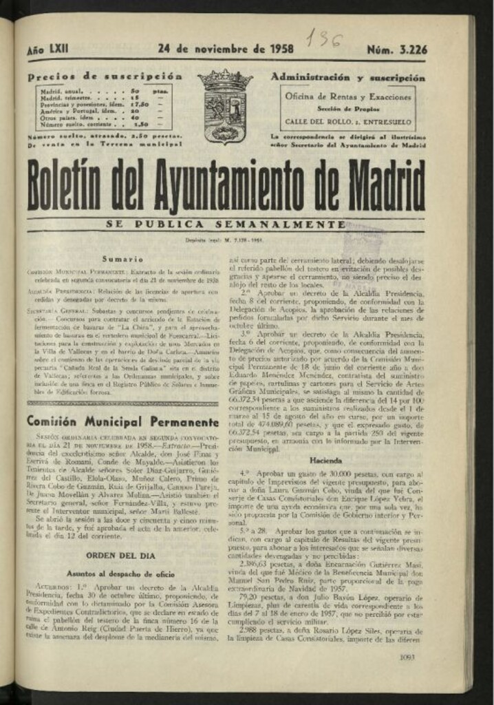 Miniatura de Boletín oficial del Ayuntamiento del 24 de noviembre de 1958, nº 3226