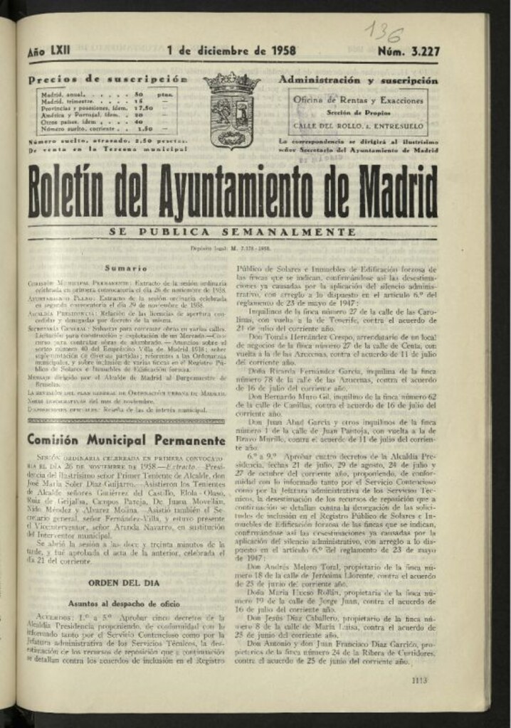 Miniatura de Boletín oficial del Ayuntamiento del 1 de diciembre de 1958, nº 3227