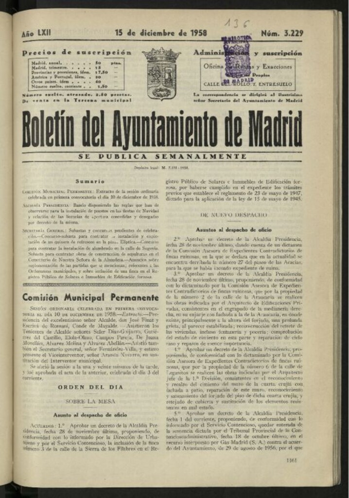 Miniatura de Boletín oficial del Ayuntamiento del 15 de diciembre de 1958, nº 3229