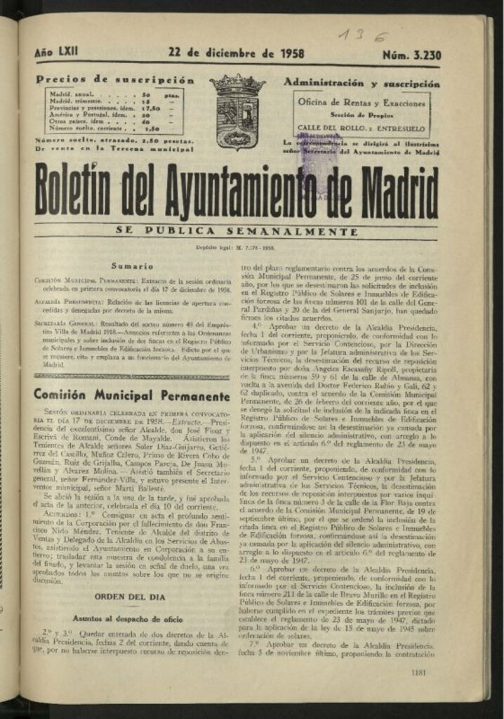 Miniatura de Boletín oficial del Ayuntamiento del 22 de diciembre de 1958, nº 3230